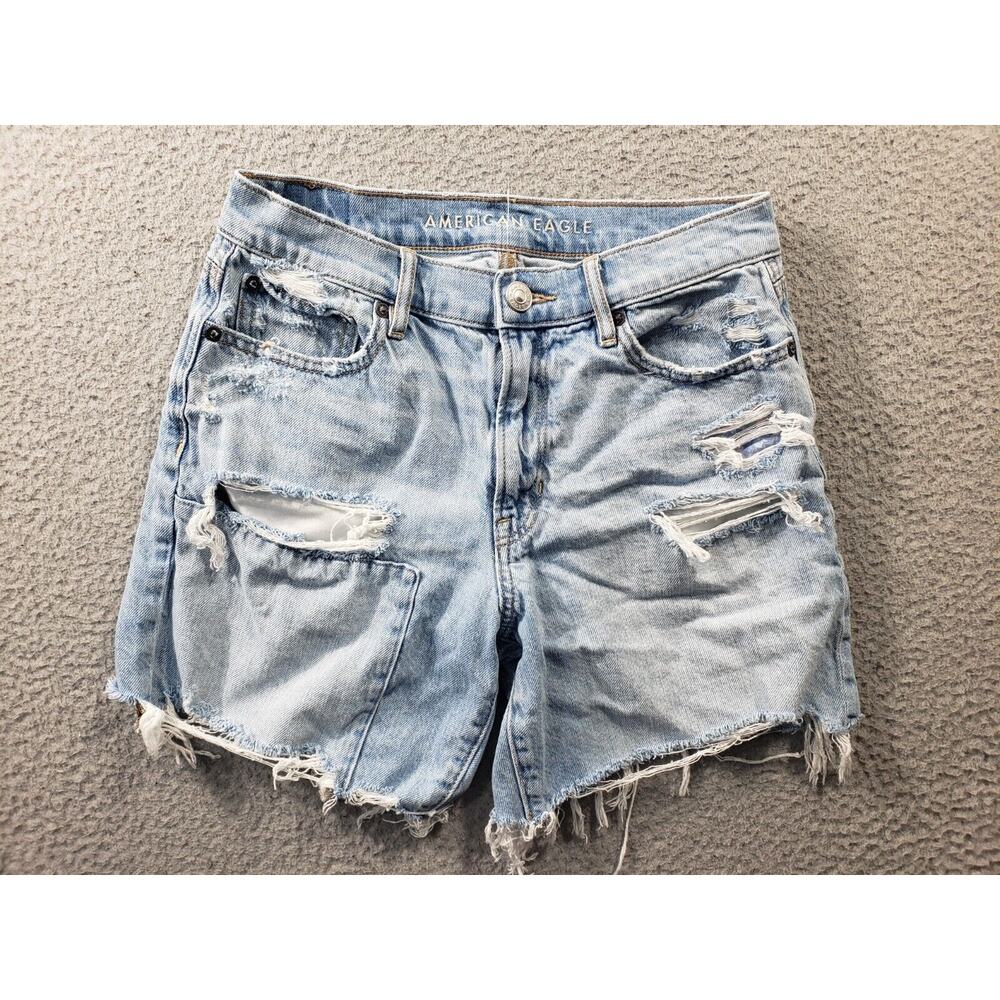 American Eagle Shorts Women's 4 90s Boyfriend Blue Denim Distressed Cotton 28x6
